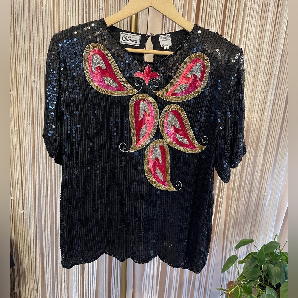 Vintage Channa sequined beaded silk short sleeve black pink gold blouse Large